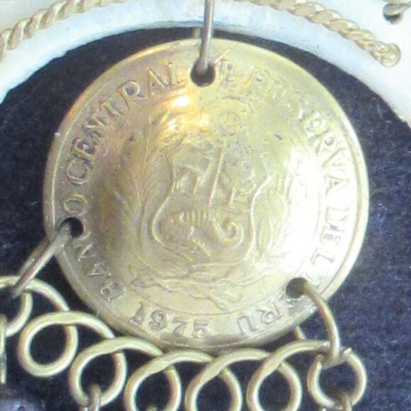 Vintage, Peruvian Coin earrings, Seed Beads, Gold Tone, Natural, Handmade - Picture 7 of 8